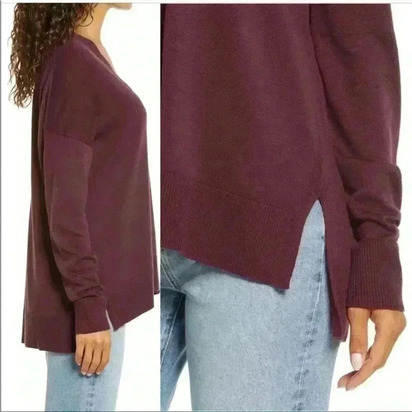 Chelsea28 Oversize V-Neck High/Low Sweater in Burgandy Stem Size XXS NWT - Picture 3 of 9